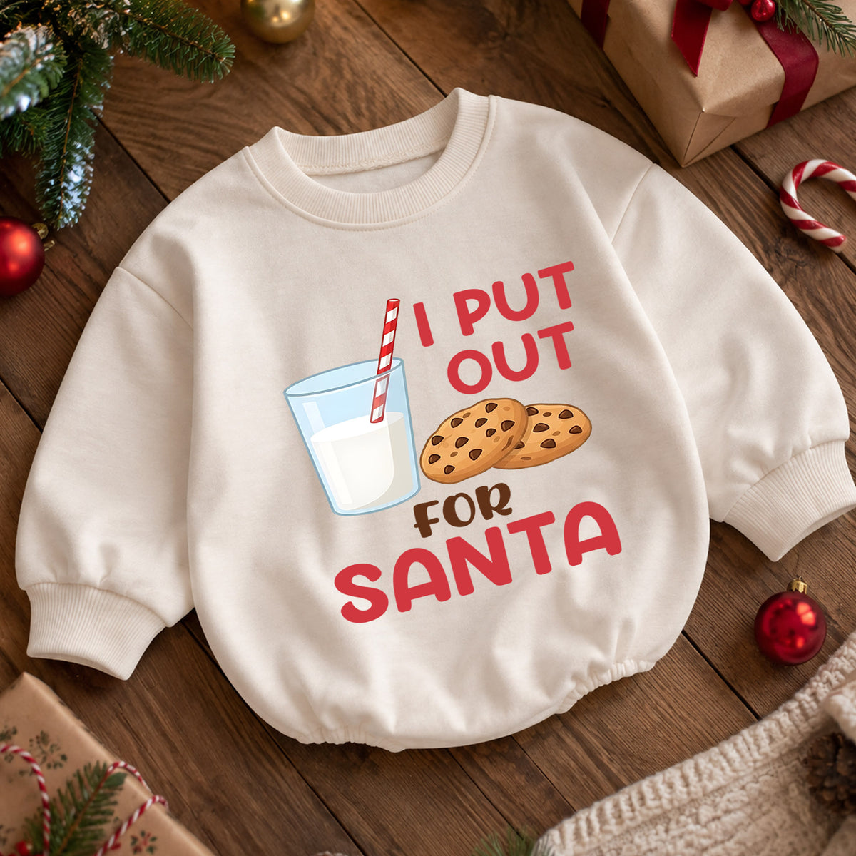 Funny Christmas Baby Romper, I Put Out for Santa Milk Cookie Outfit, Holiday Romper, Toddler Xmas Gift, Baby 1st Christmas — product view 5