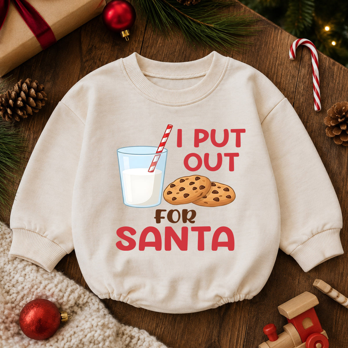 Funny Christmas Baby Romper, I Put Out for Santa Milk Cookie Outfit, Holiday Romper, Toddler Xmas Gift, Baby 1st Christmas — product view 6