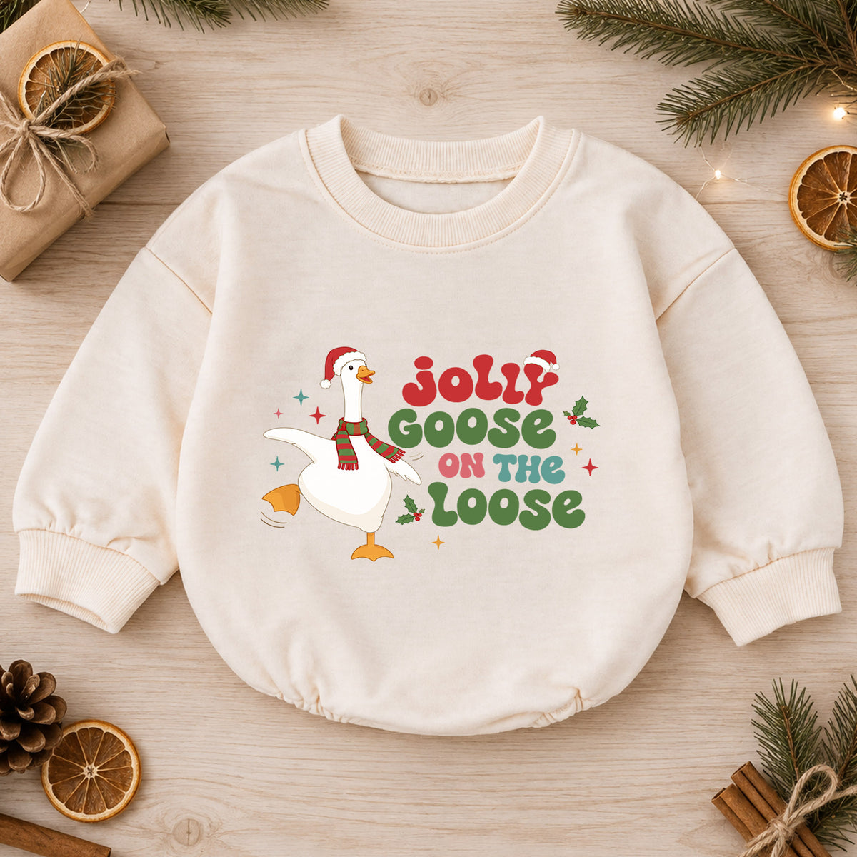 Jolly Goose on the Loose Baby Romper, Funny Christmas Goose Outfit, Festive Holiday Romper, Cute Toddler Baby Xmas Gift — product view 1