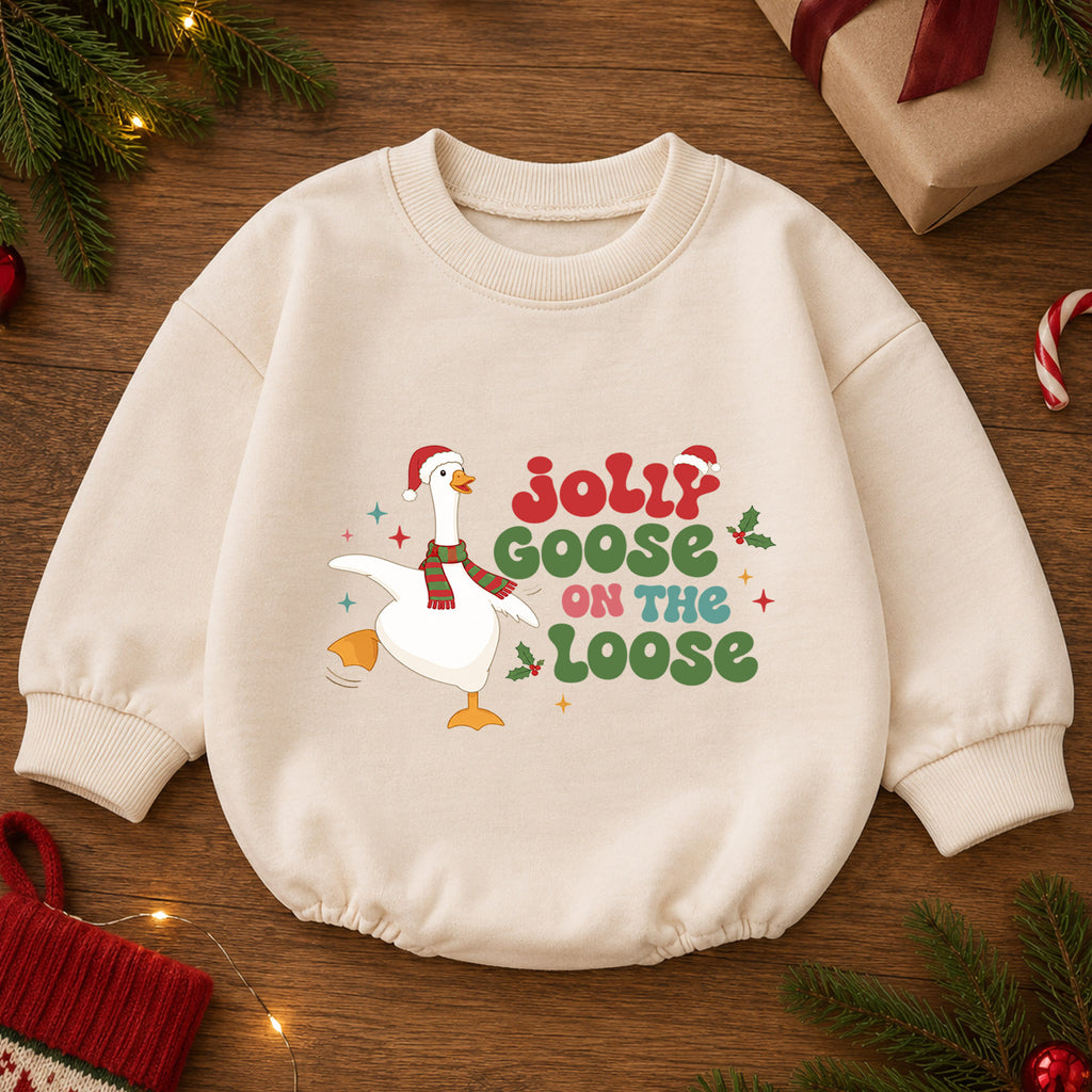 Jolly Goose on the Loose Baby Romper, Funny Christmas Goose Outfit, Festive Holiday Romper, Cute Toddler Baby Xmas Gift — product view 2