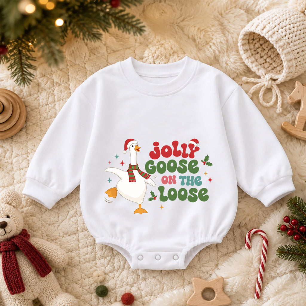 Jolly Goose on the Loose Baby Romper, Funny Christmas Goose Outfit, Festive Holiday Romper, Cute Toddler Baby Xmas Gift — product view 3