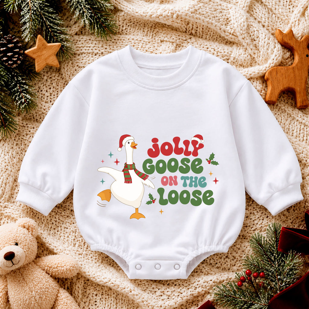 Jolly Goose on the Loose Baby Romper, Funny Christmas Goose Outfit, Festive Holiday Romper, Cute Toddler Baby Xmas Gift — product view 4
