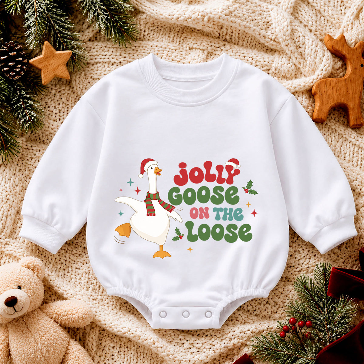Jolly Goose on the Loose Baby Romper, Funny Christmas Goose Outfit, Festive Holiday Romper, Cute Toddler Baby Xmas Gift — product view 4