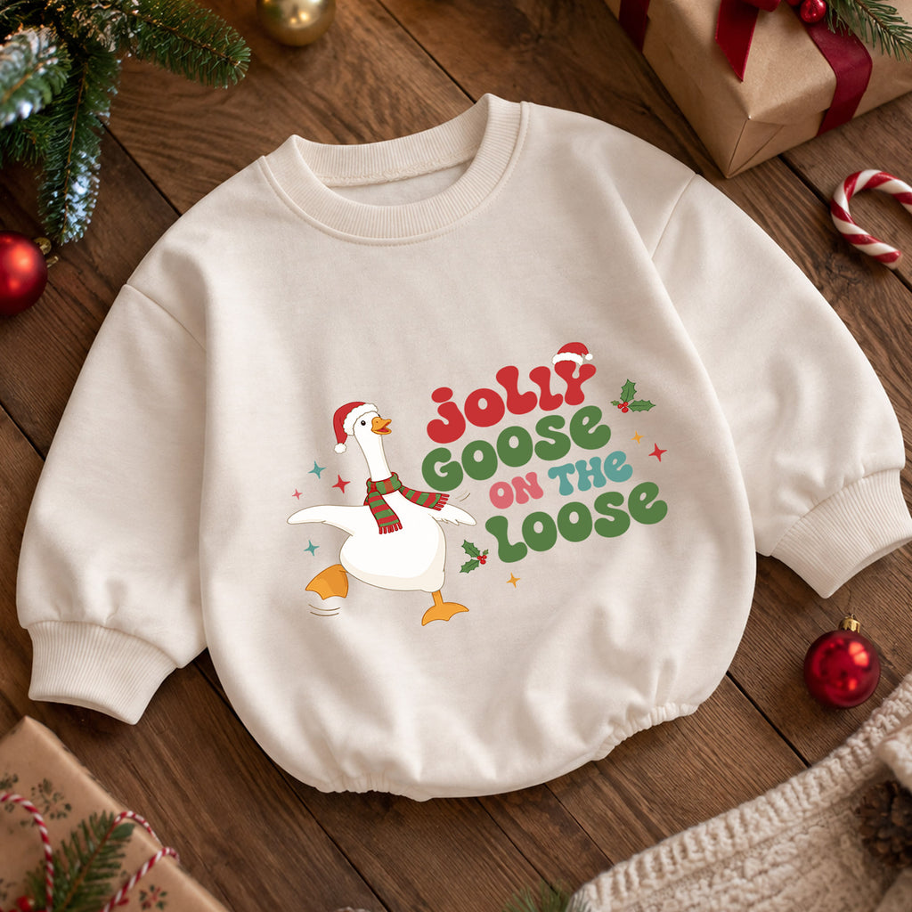 Jolly Goose on the Loose Baby Romper, Funny Christmas Goose Outfit, Festive Holiday Romper, Cute Toddler Baby Xmas Gift — product view 5