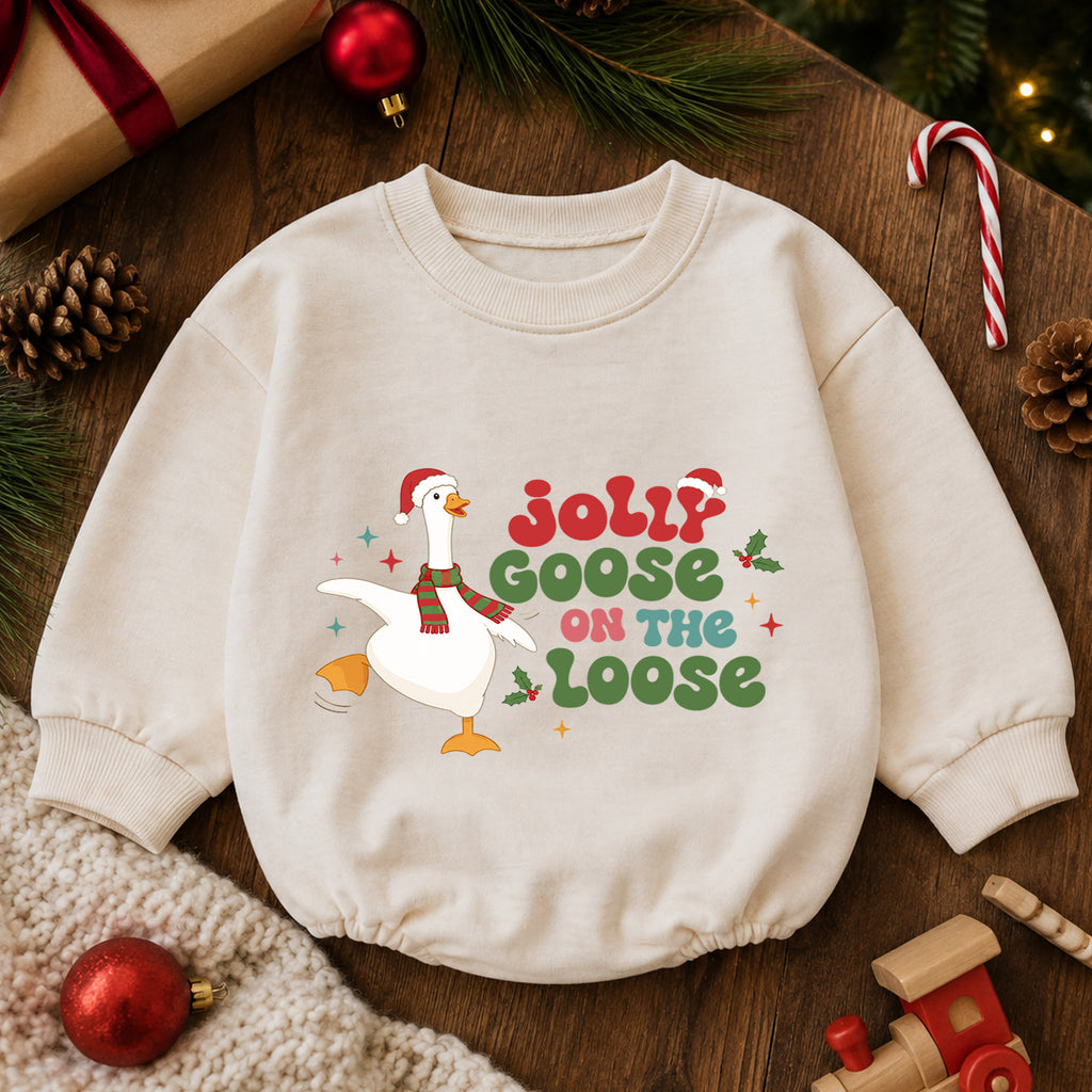Jolly Goose on the Loose Baby Romper, Funny Christmas Goose Outfit, Festive Holiday Romper, Cute Toddler Baby Xmas Gift — product view 6