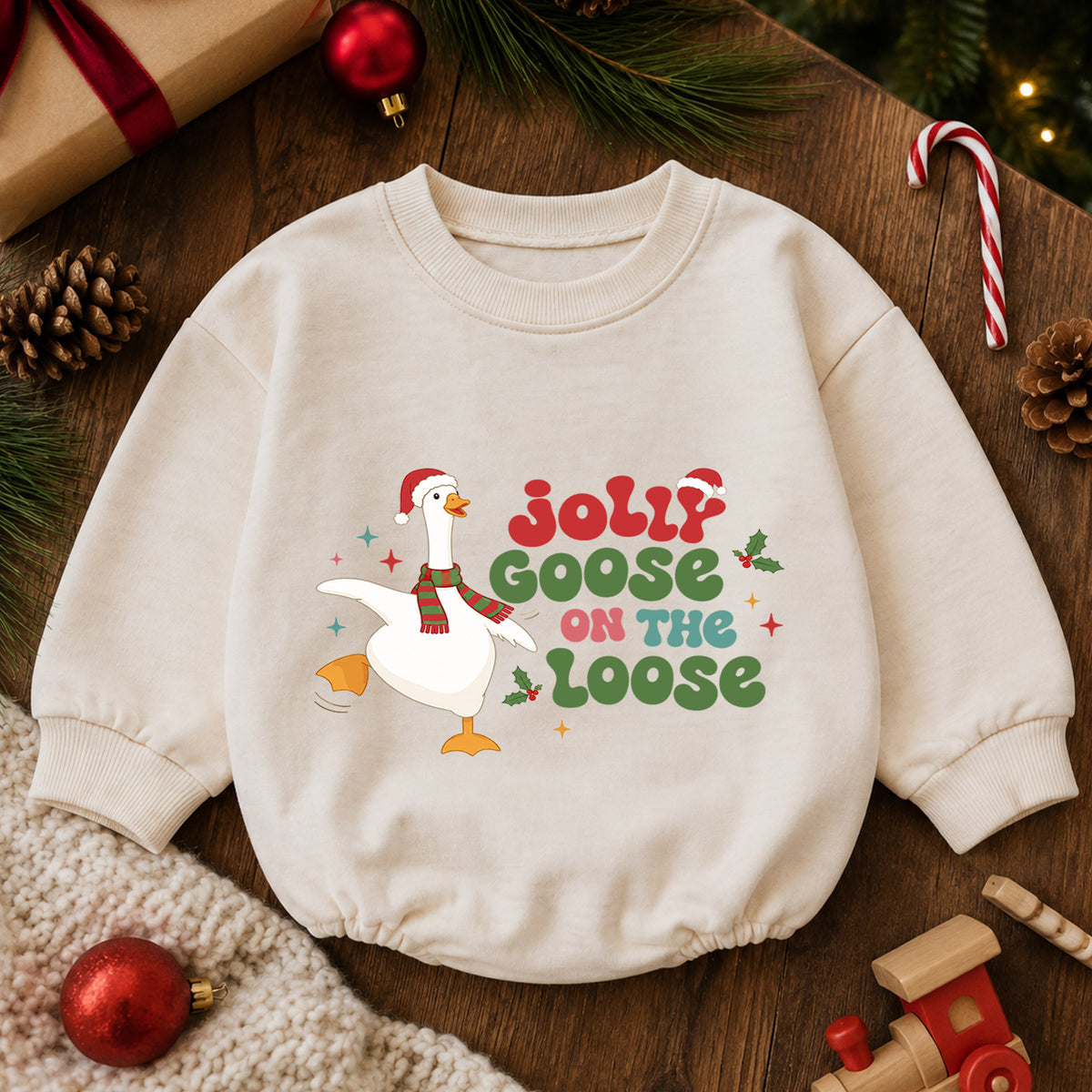 Jolly Goose on the Loose Baby Romper, Funny Christmas Goose Outfit, Festive Holiday Romper, Cute Toddler Baby Xmas Gift — product view 6