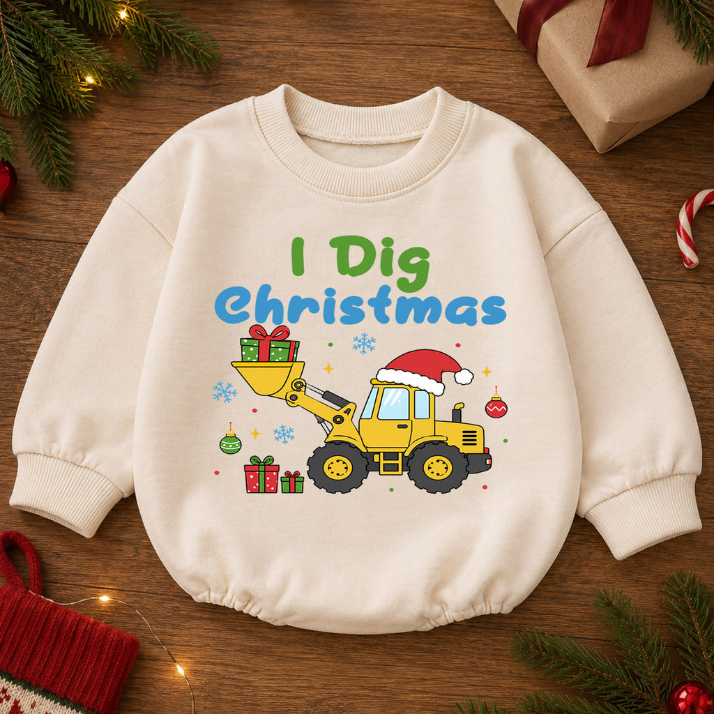 I Dig Christmas Baby Romper, Construction Loader Holiday Outfit, Digger Truck Christmas Romper, Toddler Baby Xmas Gift — product view 2