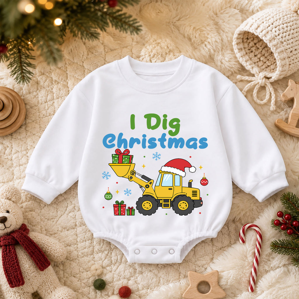 I Dig Christmas Baby Romper, Construction Loader Holiday Outfit, Digger Truck Christmas Romper, Toddler Baby Xmas Gift — product view 3