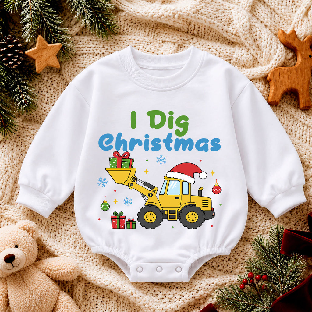 I Dig Christmas Baby Romper, Construction Loader Holiday Outfit, Digger Truck Christmas Romper, Toddler Baby Xmas Gift — product view 4