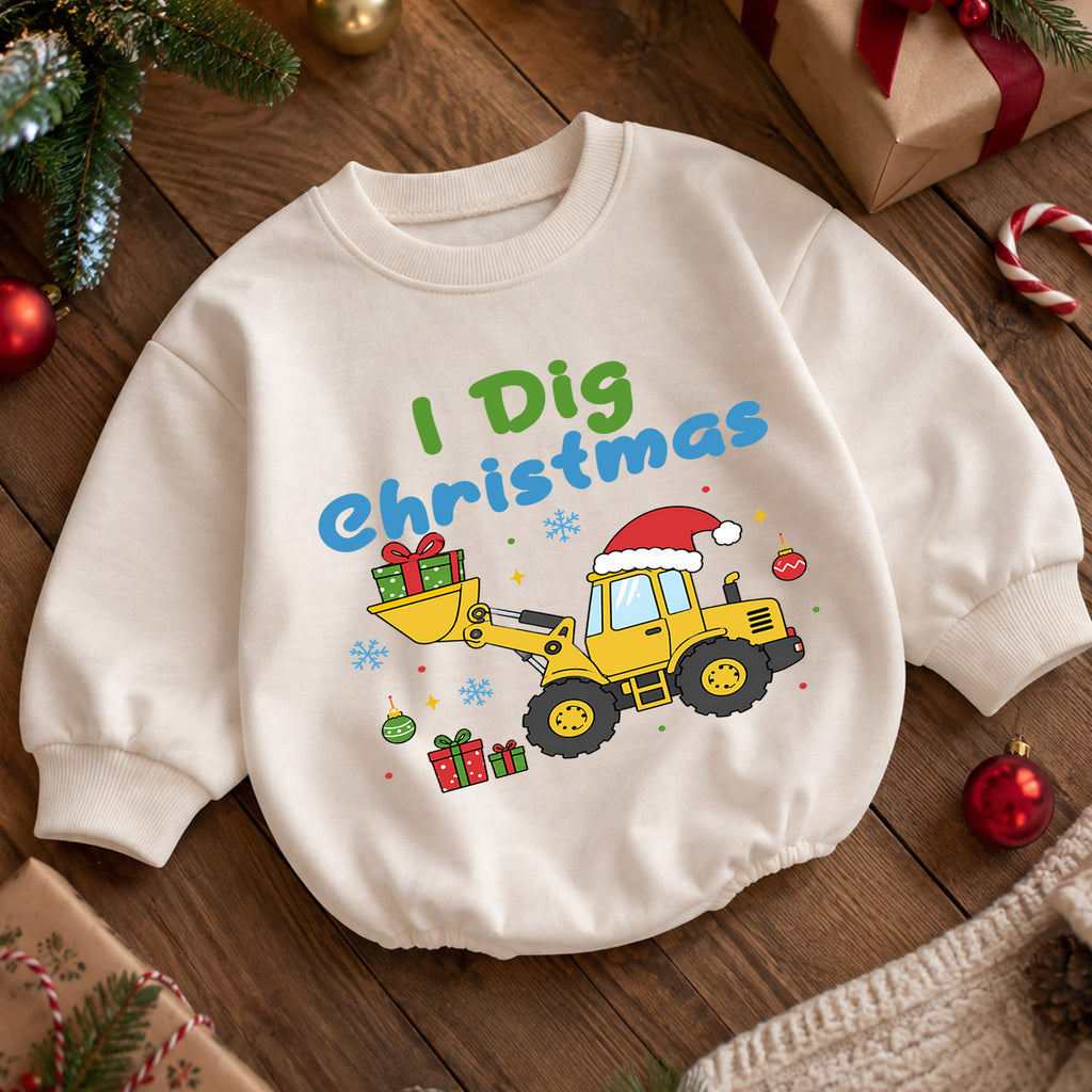 I Dig Christmas Baby Romper, Construction Loader Holiday Outfit, Digger Truck Christmas Romper, Toddler Baby Xmas Gift — product view 5