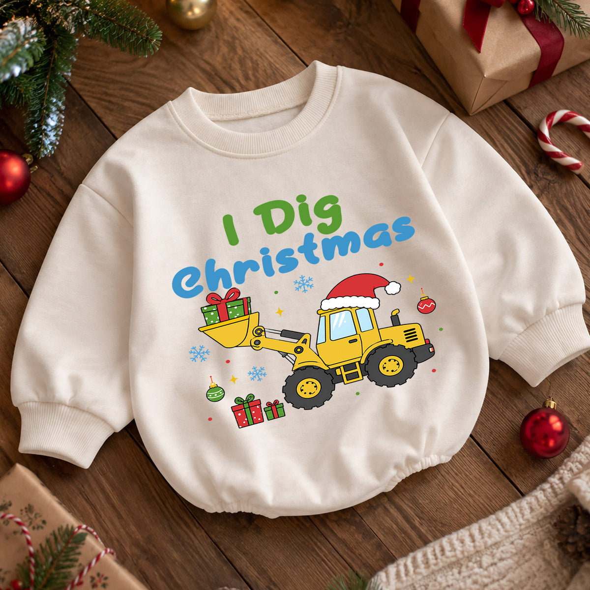 I Dig Christmas Baby Romper, Construction Loader Holiday Outfit, Digger Truck Christmas Romper, Toddler Baby Xmas Gift — product view 5