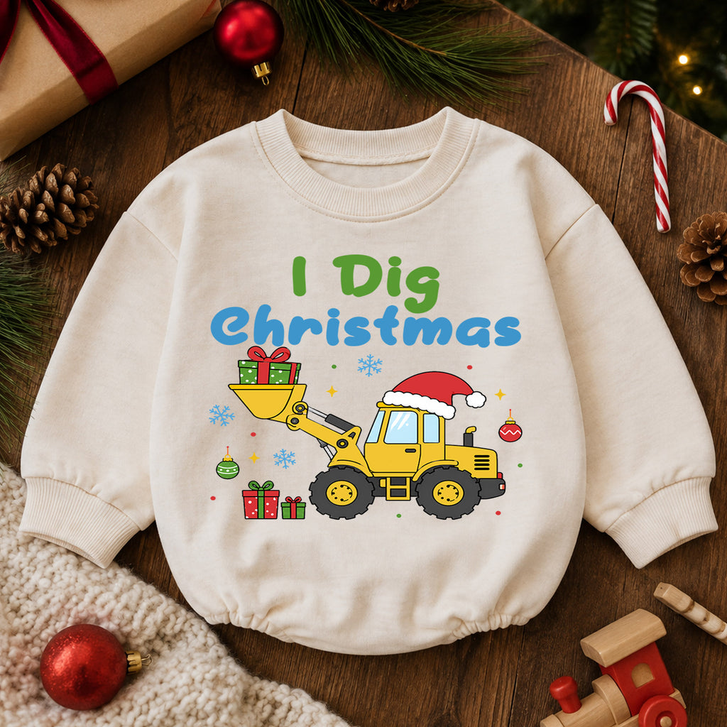 I Dig Christmas Baby Romper, Construction Loader Holiday Outfit, Digger Truck Christmas Romper, Toddler Baby Xmas Gift — product view 6