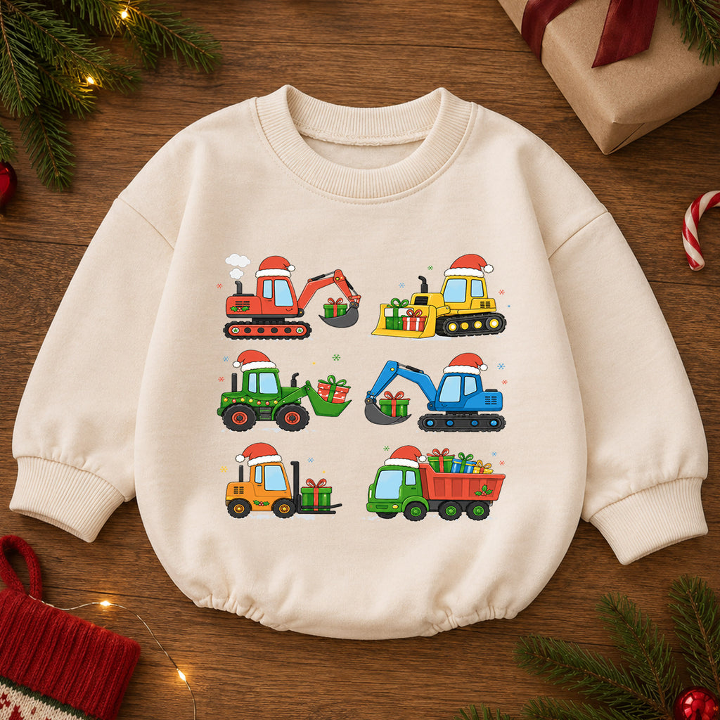 Construction Christmas Baby Romper, Excavator Truck Holiday Outfit, Toddler Digger Romper, Cute 1st Christmas Gift for Baby — product view 2