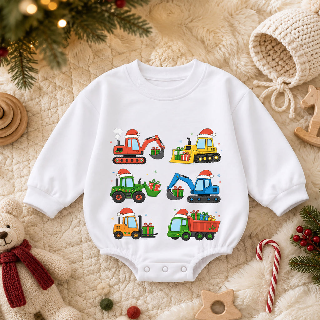 Construction Christmas Baby Romper, Excavator Truck Holiday Outfit, Toddler Digger Romper, Cute 1st Christmas Gift for Baby — product view 3