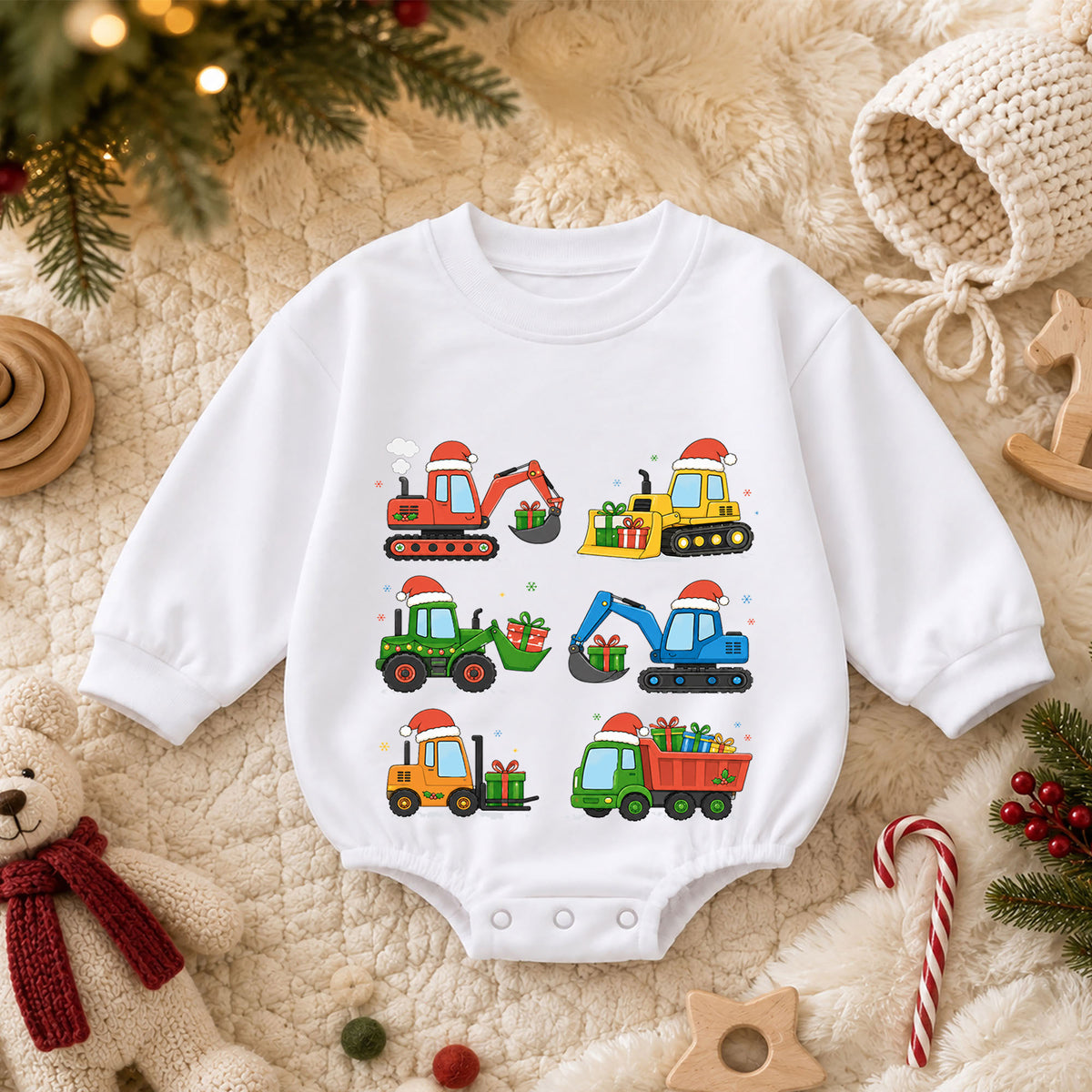 Construction Christmas Baby Romper, Excavator Truck Holiday Outfit, Toddler Digger Romper, Cute 1st Christmas Gift for Baby — product view 3