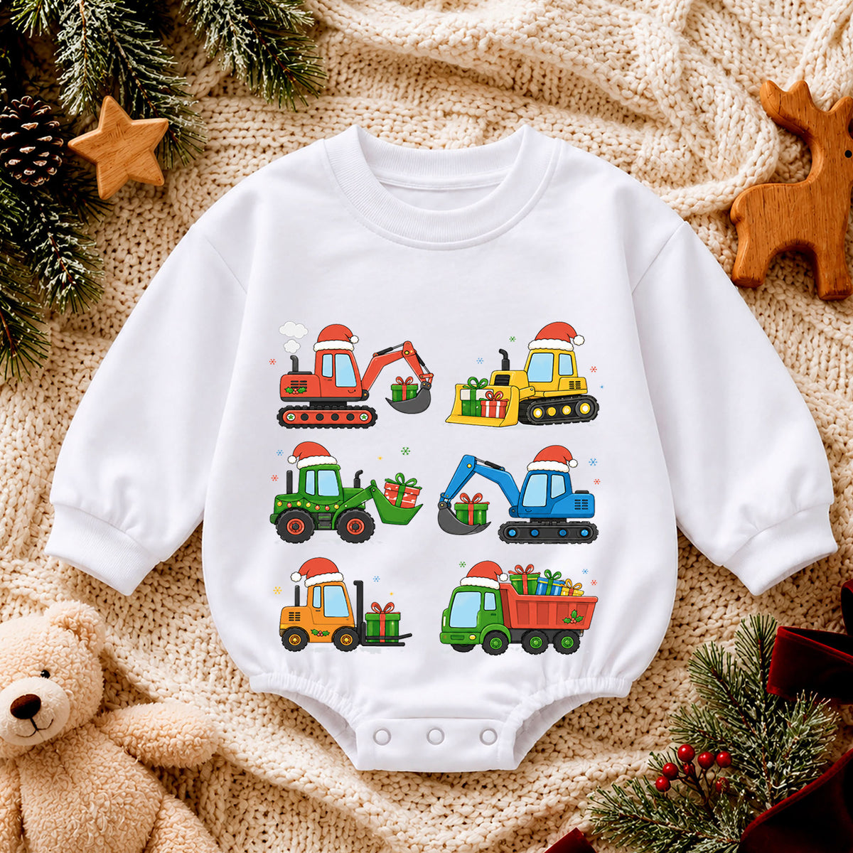 Construction Christmas Baby Romper, Excavator Truck Holiday Outfit, Toddler Digger Romper, Cute 1st Christmas Gift for Baby — product view 4