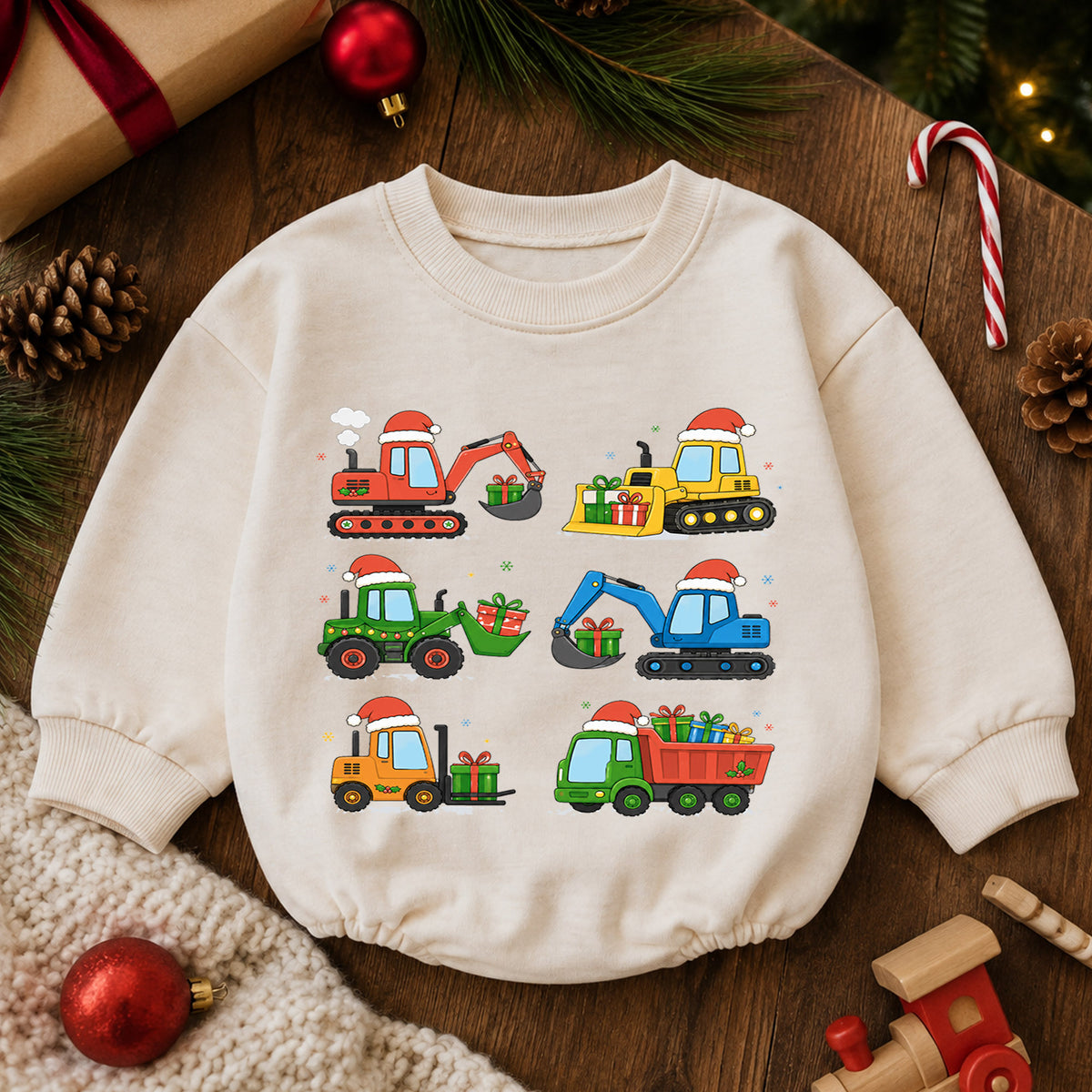 Construction Christmas Baby Romper, Excavator Truck Holiday Outfit, Toddler Digger Romper, Cute 1st Christmas Gift for Baby — product view 6