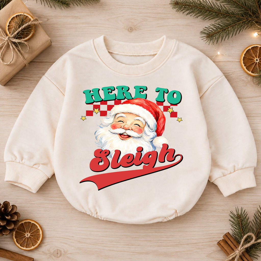 Here to Sleigh Christmas Baby Romper, Retro Santa Holiday Outfit, Funny Toddler Christmas Romper, Cute 1st Christmas Gift — product view 1