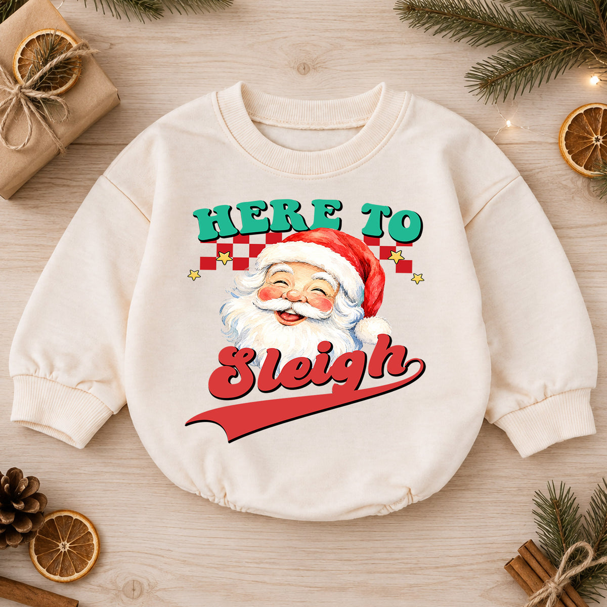 Here to Sleigh Christmas Baby Romper, Retro Santa Holiday Outfit, Funny Toddler Christmas Romper, Cute 1st Christmas Gift — product view 1