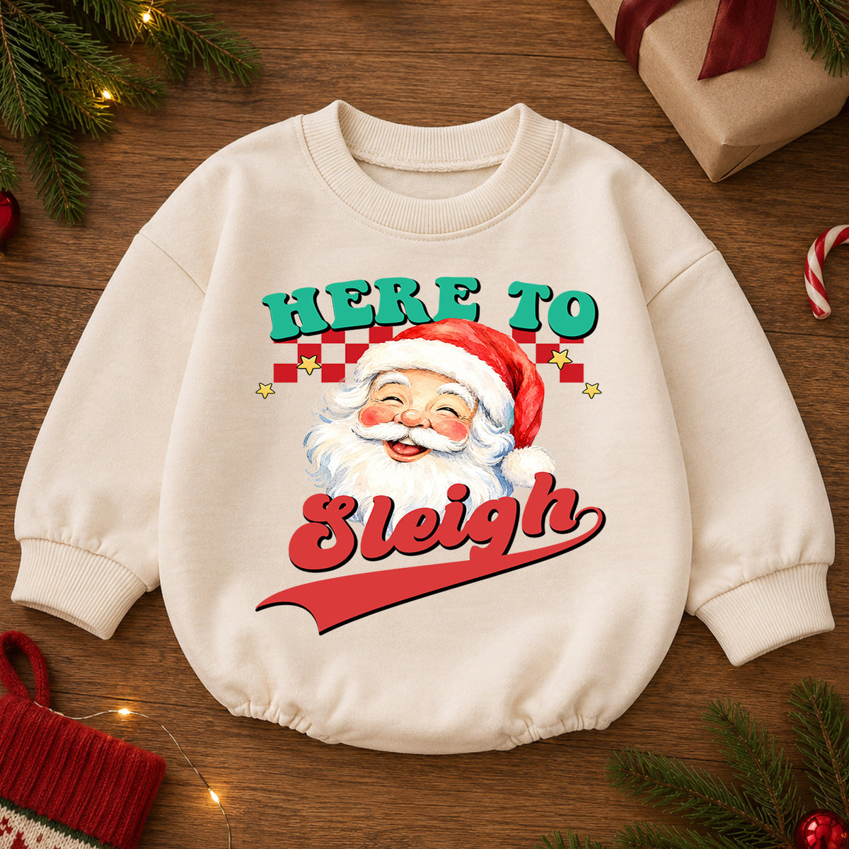 Here to Sleigh Christmas Baby Romper, Retro Santa Holiday Outfit, Funny Toddler Christmas Romper, Cute 1st Christmas Gift — product view 2