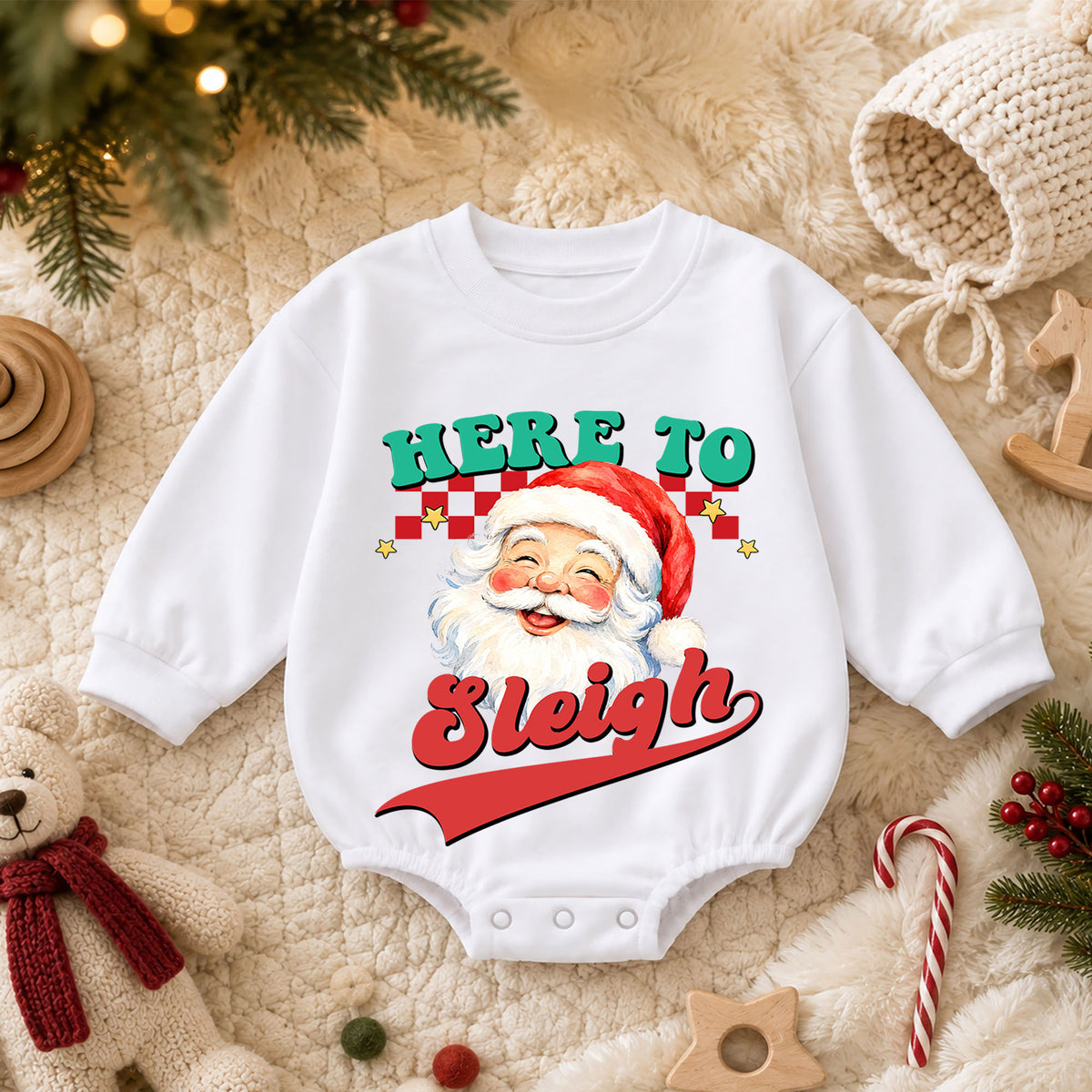 Here to Sleigh Christmas Baby Romper, Retro Santa Holiday Outfit, Funny Toddler Christmas Romper, Cute 1st Christmas Gift — product view 3
