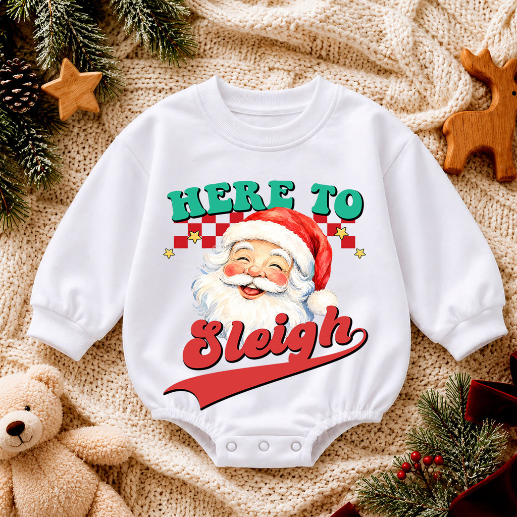Here to Sleigh Christmas Baby Romper, Retro Santa Holiday Outfit, Funny Toddler Christmas Romper, Cute 1st Christmas Gift — product view 4