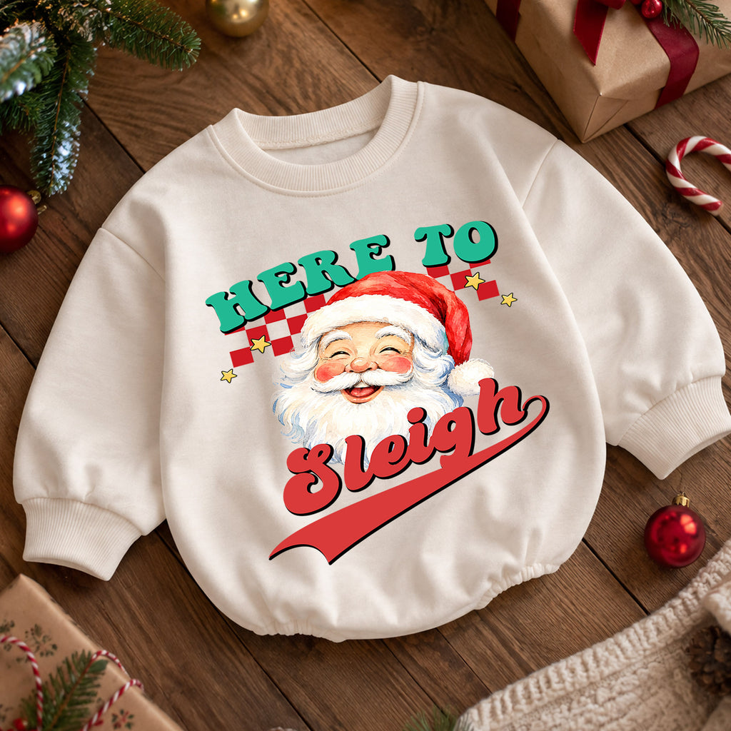 Here to Sleigh Christmas Baby Romper, Retro Santa Holiday Outfit, Funny Toddler Christmas Romper, Cute 1st Christmas Gift — product view 5