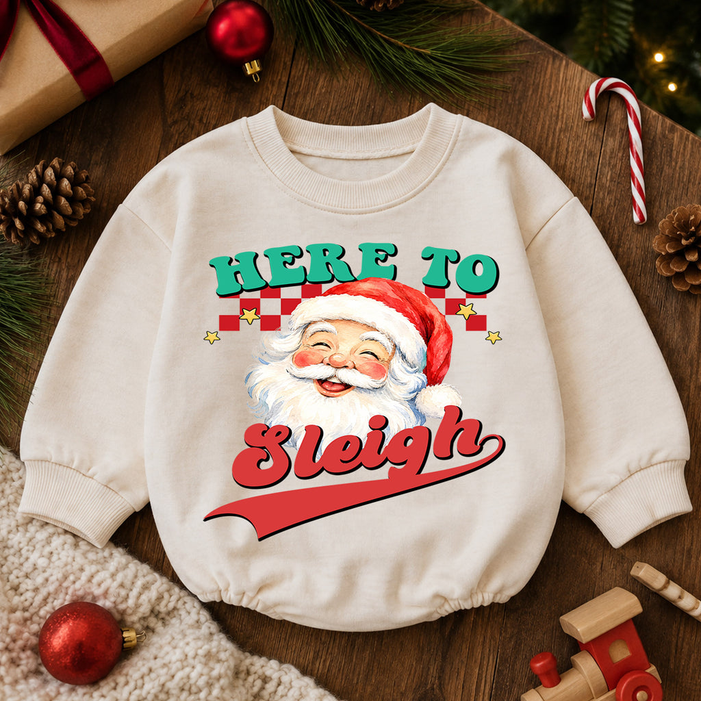 Here to Sleigh Christmas Baby Romper, Retro Santa Holiday Outfit, Funny Toddler Christmas Romper, Cute 1st Christmas Gift — product view 6