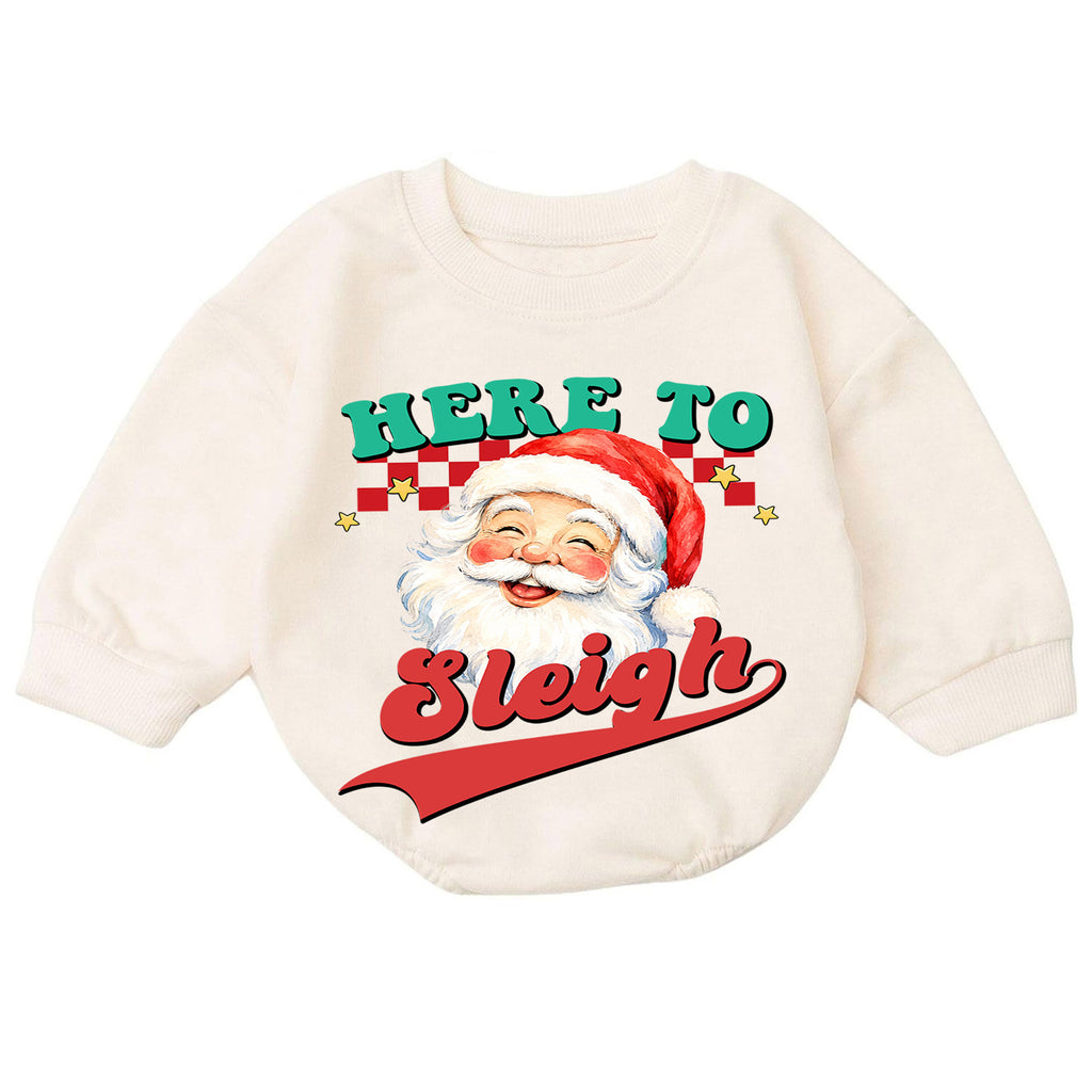 Here to Sleigh Christmas Baby Romper, Retro Santa Holiday Outfit, Funny Toddler Christmas Romper, Cute 1st Christmas Gift — product view 7