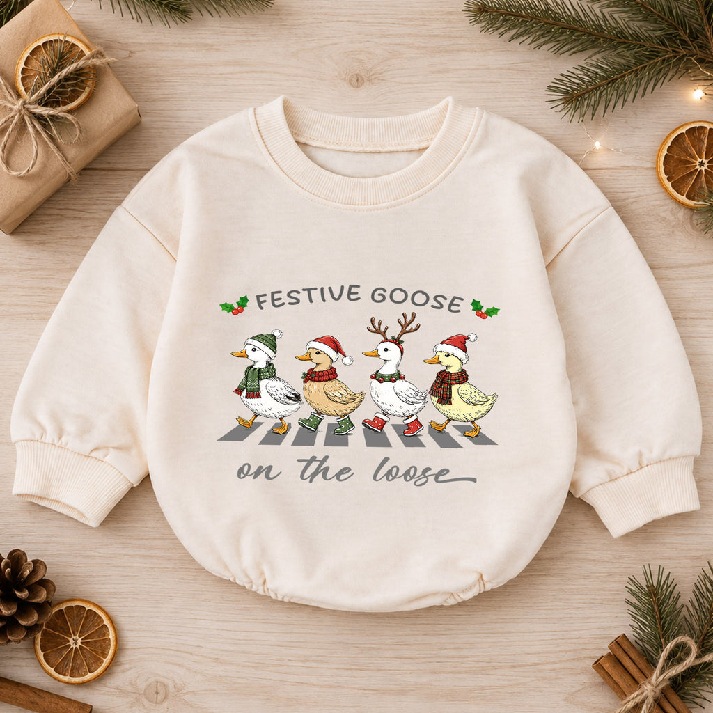 Festive Goose on the Loose Baby Romper, Christmas Goose Family Outfit, Funny Holiday Romper, Cute Toddler Goose Xmas Gift — product view 1