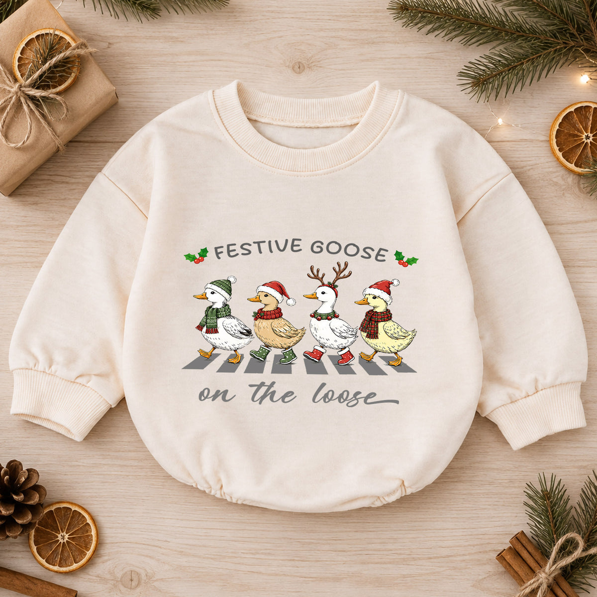 Festive Goose on the Loose Baby Romper, Christmas Goose Family Outfit, Funny Holiday Romper, Cute Toddler Goose Xmas Gift — product view 1