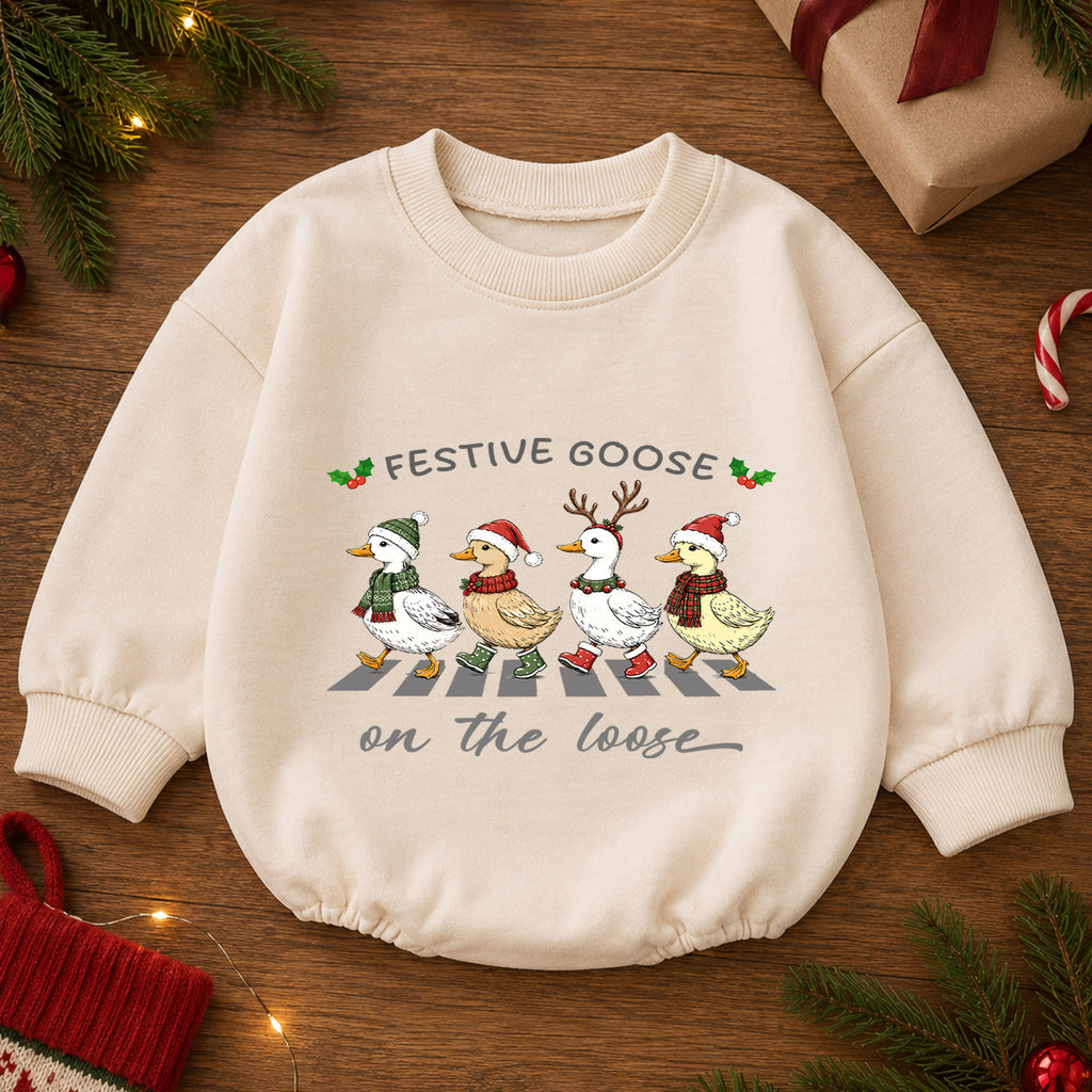 Festive Goose on the Loose Baby Romper, Christmas Goose Family Outfit, Funny Holiday Romper, Cute Toddler Goose Xmas Gift — product view 2