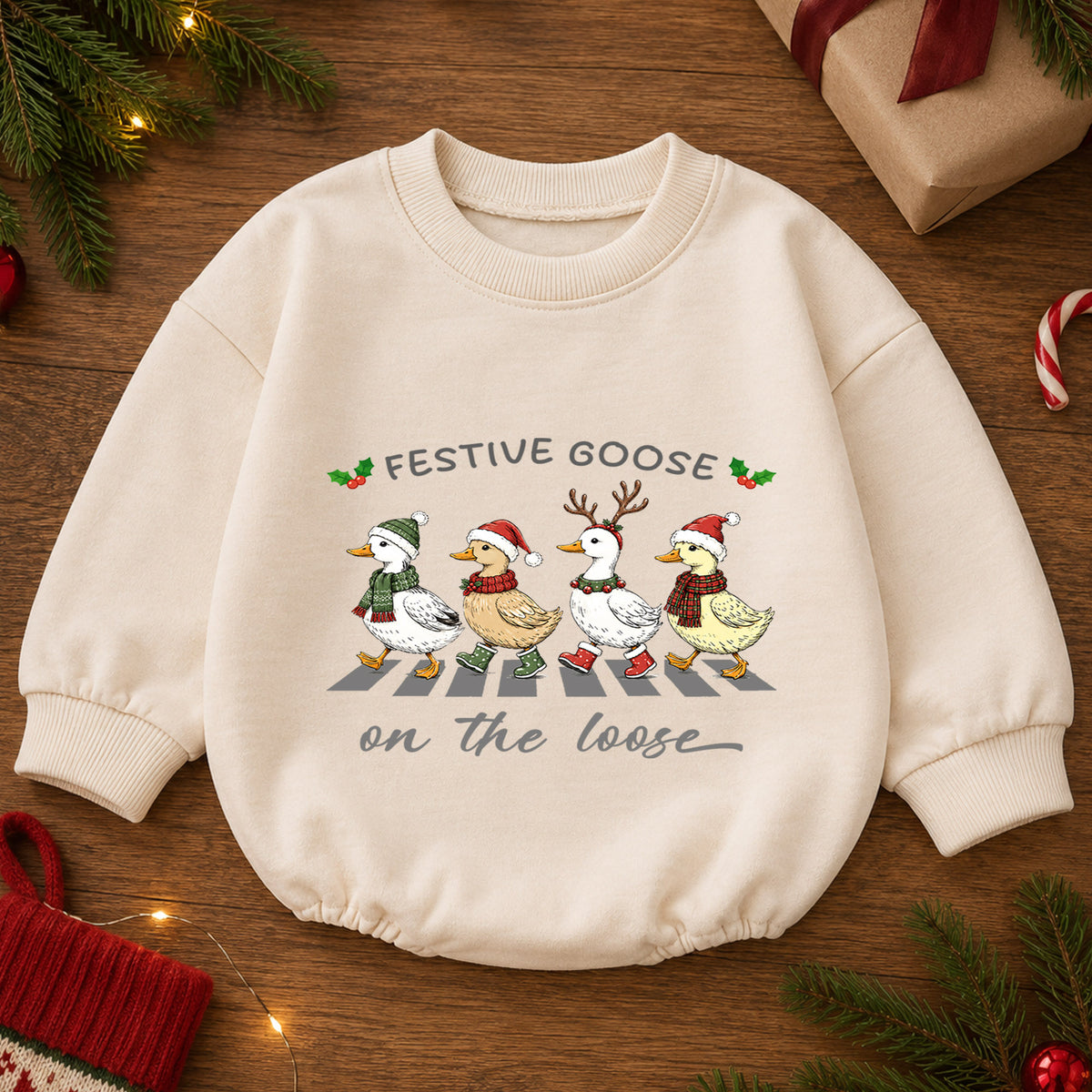 Festive Goose on the Loose Baby Romper, Christmas Goose Family Outfit, Funny Holiday Romper, Cute Toddler Goose Xmas Gift — product view 2