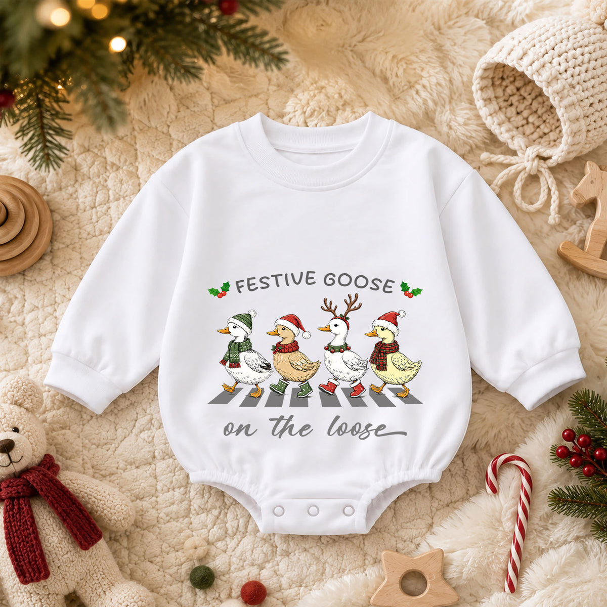 Festive Goose on the Loose Baby Romper, Christmas Goose Family Outfit, Funny Holiday Romper, Cute Toddler Goose Xmas Gift — product view 3