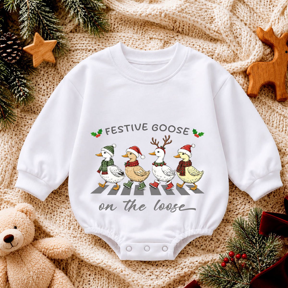 Festive Goose on the Loose Baby Romper, Christmas Goose Family Outfit, Funny Holiday Romper, Cute Toddler Goose Xmas Gift — product view 4