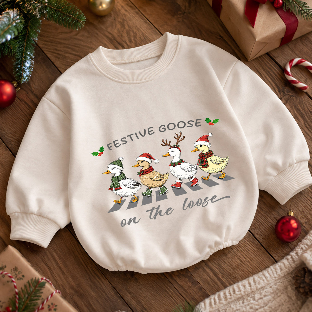 Festive Goose on the Loose Baby Romper, Christmas Goose Family Outfit, Funny Holiday Romper, Cute Toddler Goose Xmas Gift — product view 5