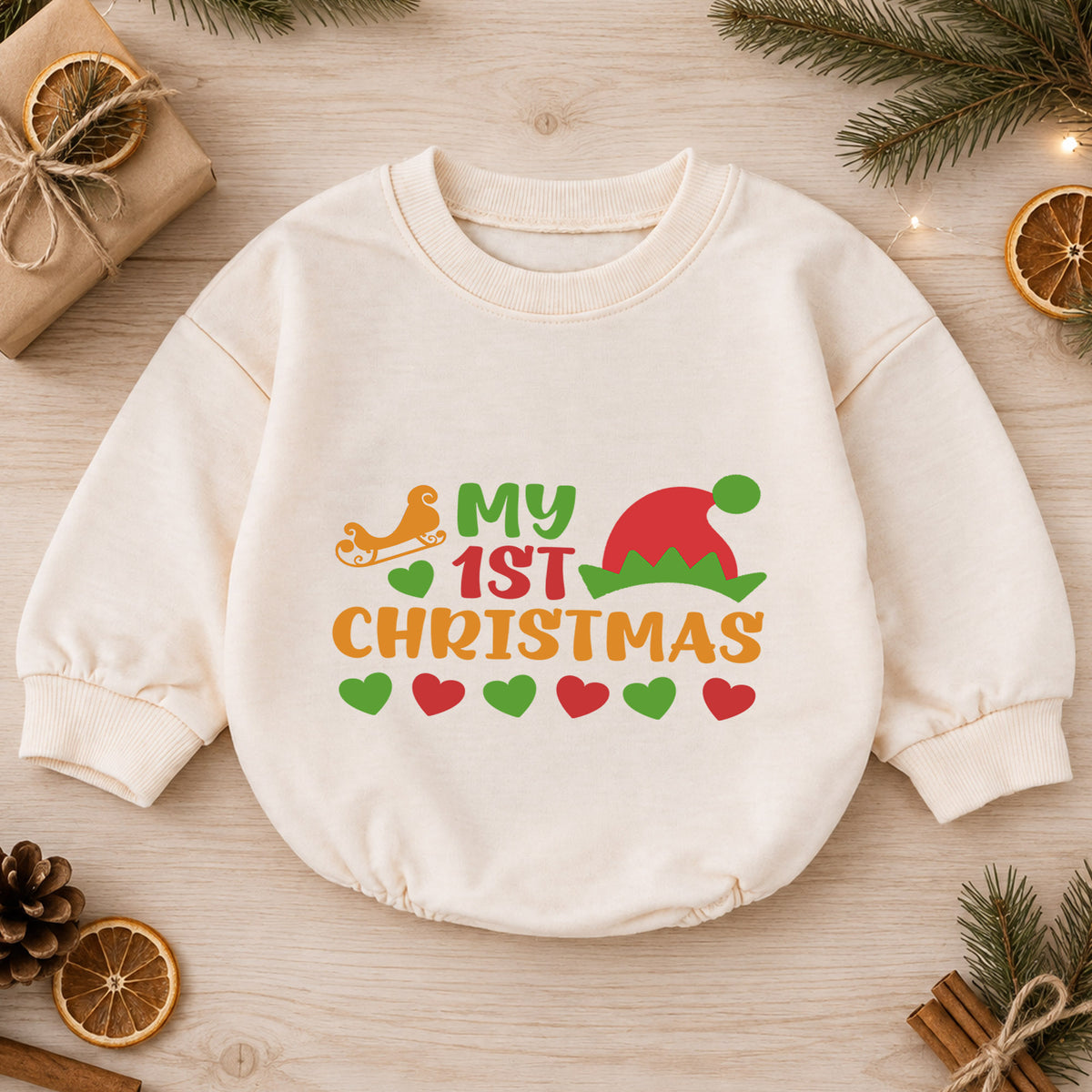 My 1st Christmas Baby Romper, Elf Hat Holiday Romper, Baby First Christmas & 1st Birthday Outfit, Keepsake Gift for Baby and Toddler — product view 1