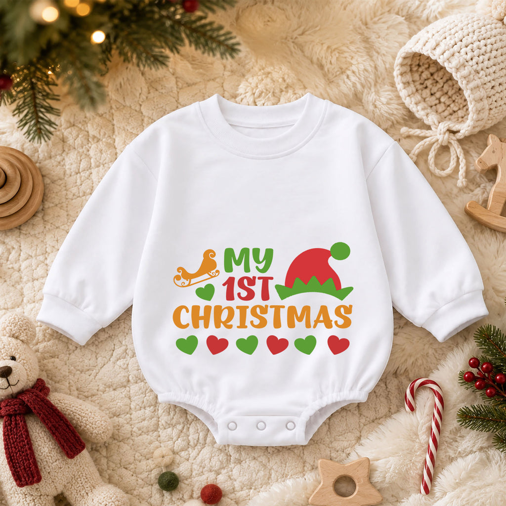 My 1st Christmas Baby Romper, Elf Hat Holiday Romper, Baby First Christmas & 1st Birthday Outfit, Keepsake Gift for Baby and Toddler — product view 3