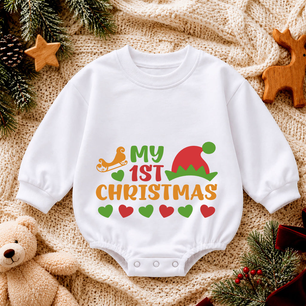 My 1st Christmas Baby Romper, Elf Hat Holiday Romper, Baby First Christmas & 1st Birthday Outfit, Keepsake Gift for Baby and Toddler — product view 4