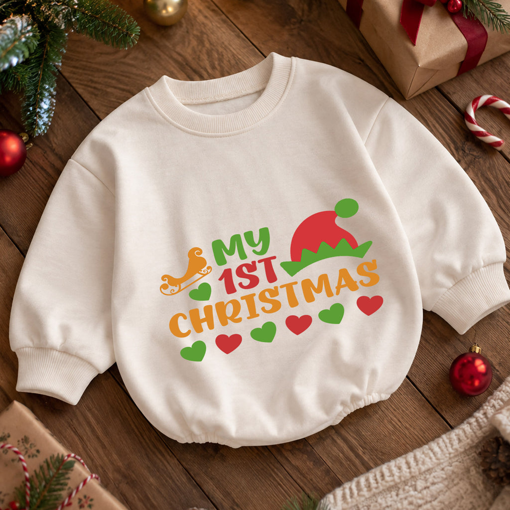 My 1st Christmas Baby Romper, Elf Hat Holiday Romper, Baby First Christmas & 1st Birthday Outfit, Keepsake Gift for Baby and Toddler — product view 5