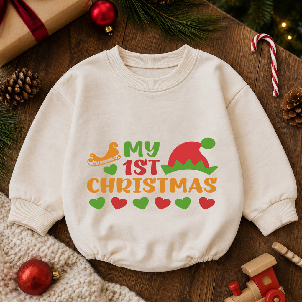 My 1st Christmas Baby Romper, Elf Hat Holiday Romper, Baby First Christmas & 1st Birthday Outfit, Keepsake Gift for Baby and Toddler — product view 6