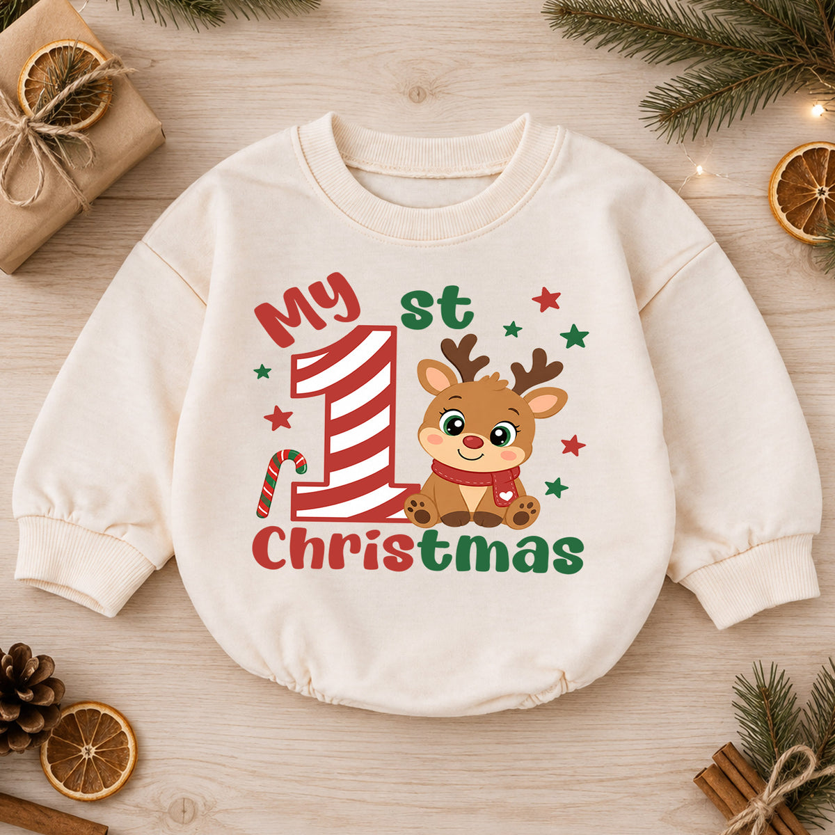 My 1st Christmas Reindeer Baby Romper, Candy Cane Number One Romper, Baby First Christmas & 1st Birthday Outfit, Holiday Keepsake Gift — product view 1