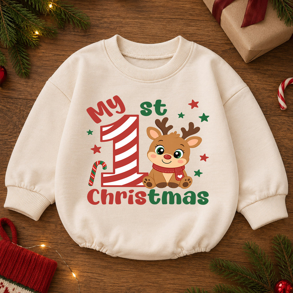 My 1st Christmas Reindeer Baby Romper, Candy Cane Number One Romper, Baby First Christmas & 1st Birthday Outfit, Holiday Keepsake Gift — product view 2