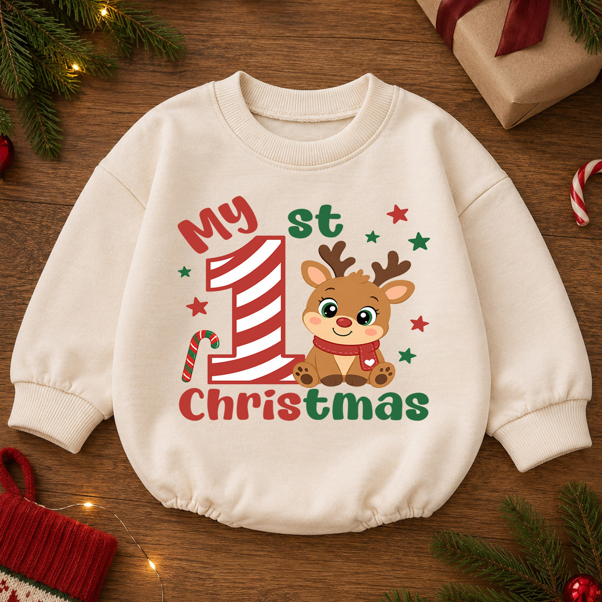 My 1st Christmas Reindeer Baby Romper, Candy Cane Number One Romper, Baby First Christmas & 1st Birthday Outfit, Holiday Keepsake Gift — product view 2