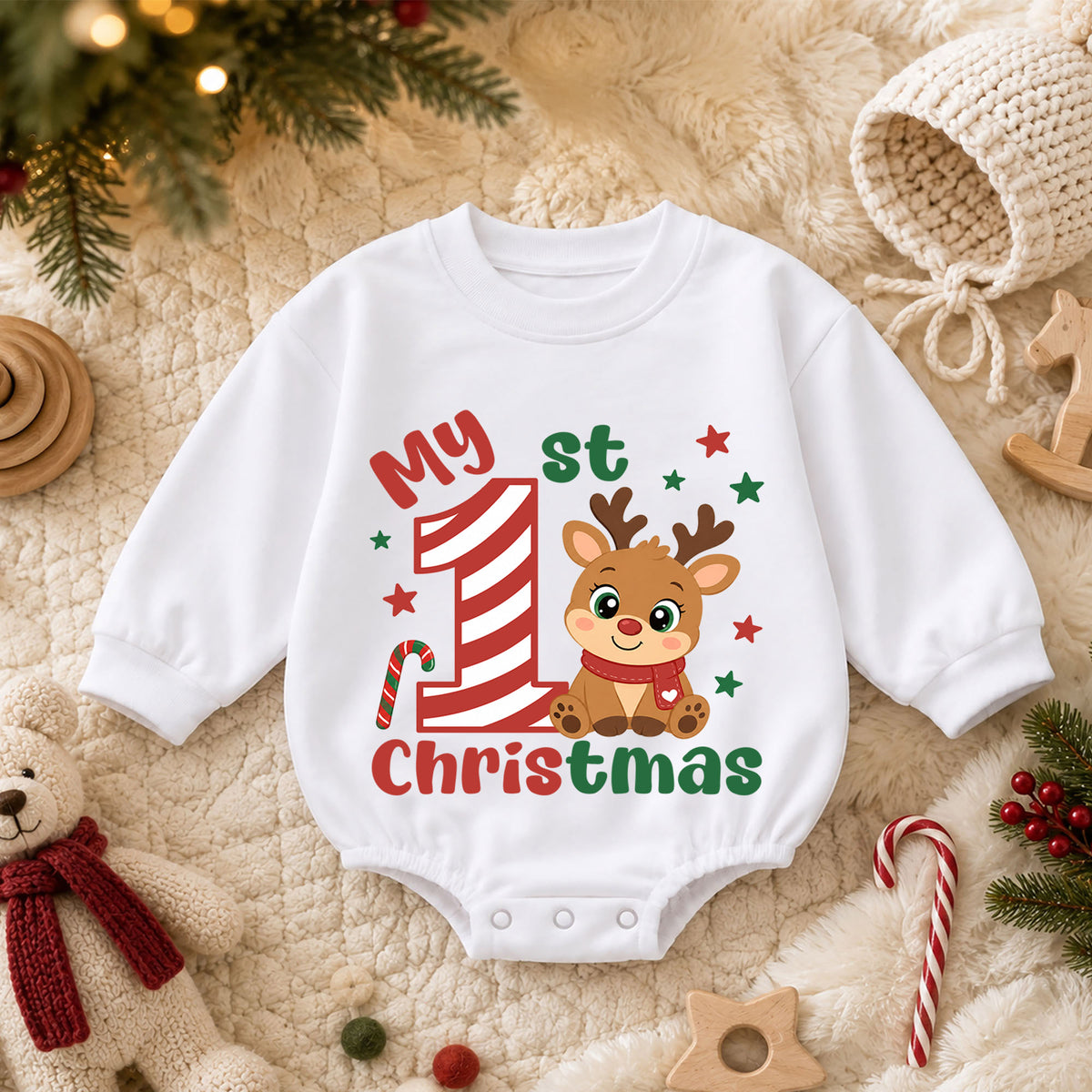 My 1st Christmas Reindeer Baby Romper, Candy Cane Number One Romper, Baby First Christmas & 1st Birthday Outfit, Holiday Keepsake Gift — product view 3