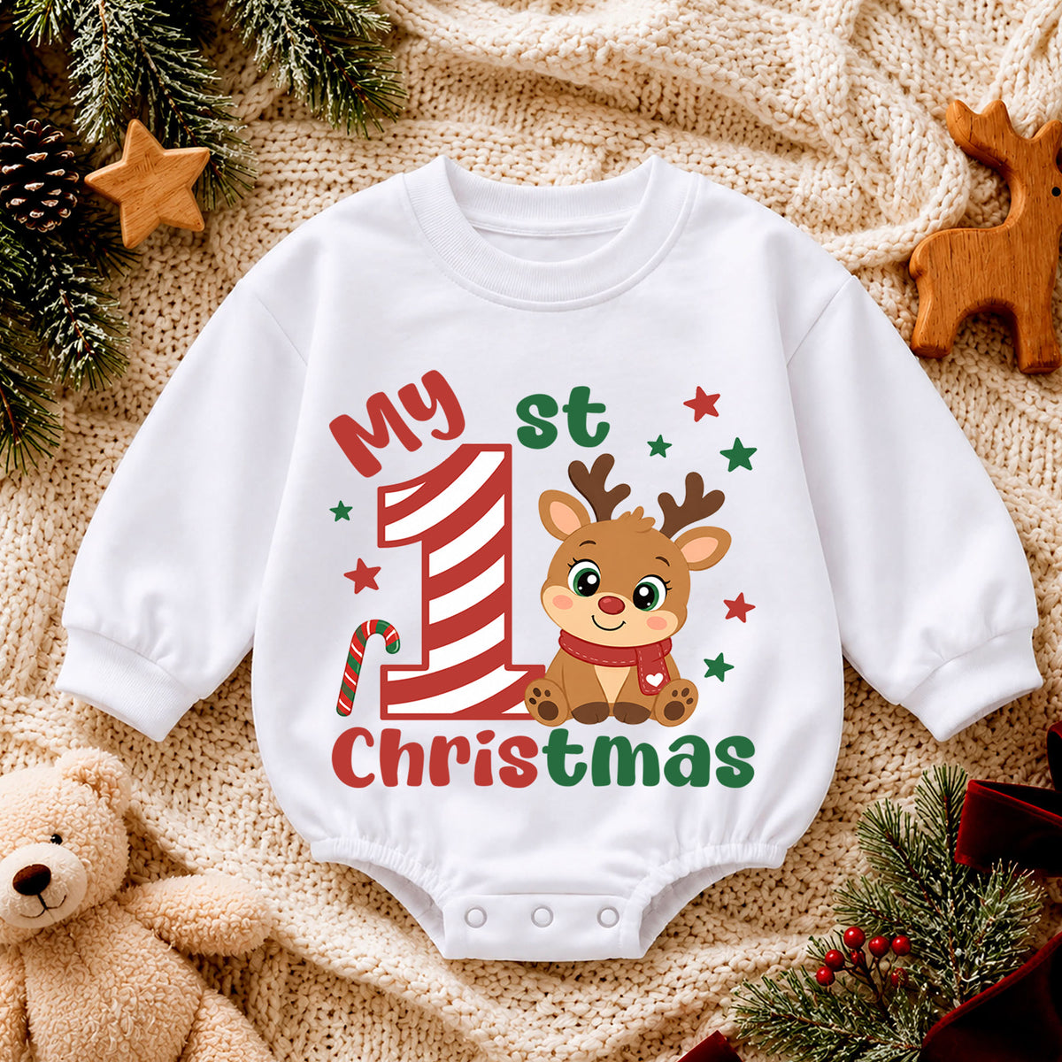 My 1st Christmas Reindeer Baby Romper, Candy Cane Number One Romper, Baby First Christmas & 1st Birthday Outfit, Holiday Keepsake Gift — product view 4