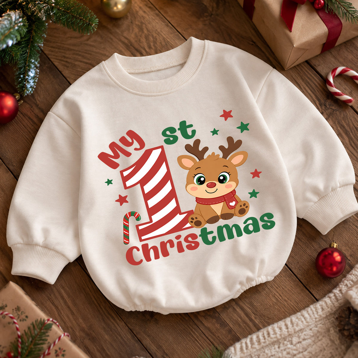 My 1st Christmas Reindeer Baby Romper, Candy Cane Number One Romper, Baby First Christmas & 1st Birthday Outfit, Holiday Keepsake Gift — product view 5