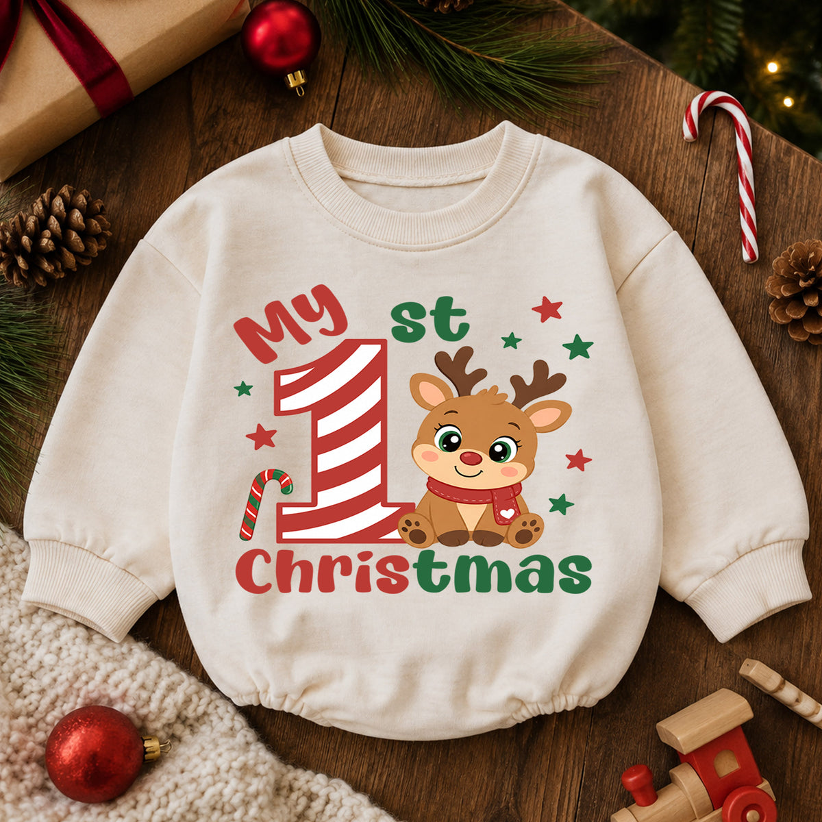 My 1st Christmas Reindeer Baby Romper, Candy Cane Number One Romper, Baby First Christmas & 1st Birthday Outfit, Holiday Keepsake Gift — product view 6