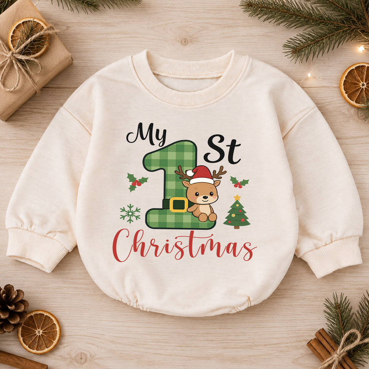 My 1st Christmas Reindeer Baby Romper, Green Plaid Number One Romper, Baby First Christmas & 1st Birthday Outfit, Holiday Keepsake Gift — product view 1