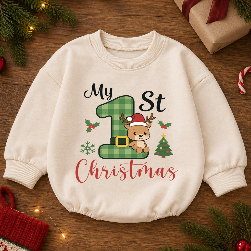 My 1st Christmas Reindeer Baby Romper, Green Plaid Number One Romper, Baby First Christmas & 1st Birthday Outfit, Holiday Keepsake Gift — product view 2